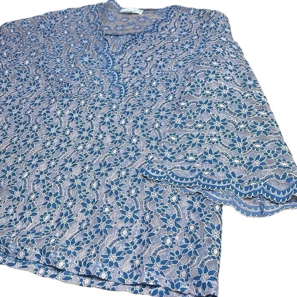 Suzanne Betro top, beach cover, 2X see thru lace top,floral,bell,scalloped hem - Picture 10 of 15